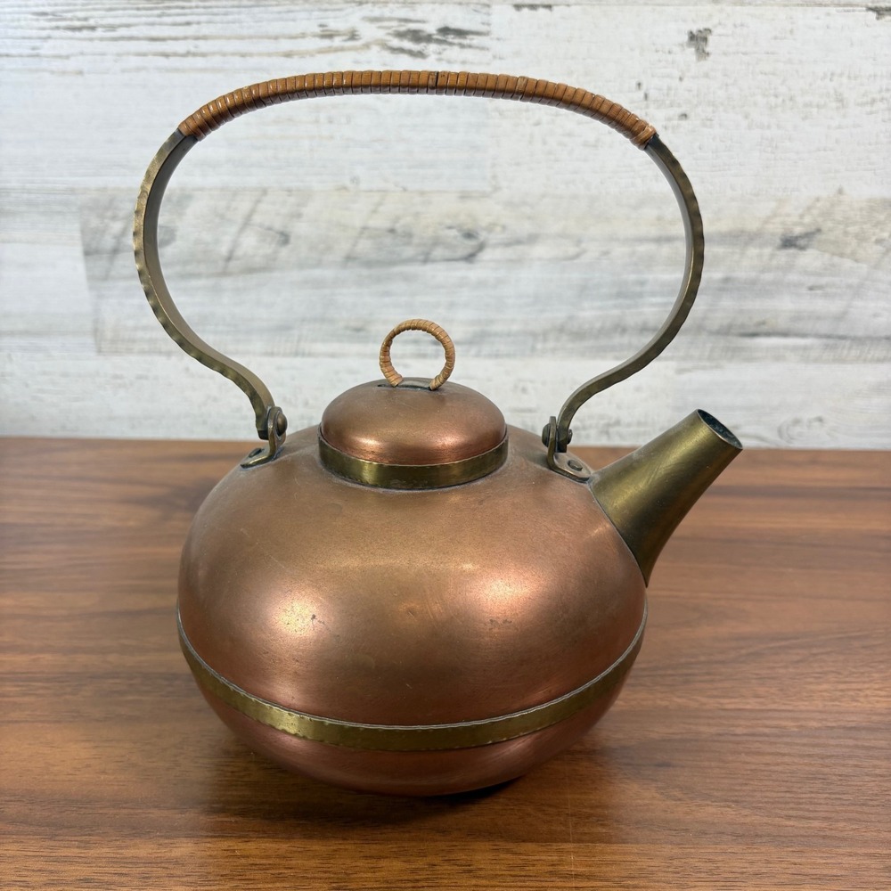 Copper Clad Tea Kettle Wood Handle‎ Country Farmhouse Antique Decor